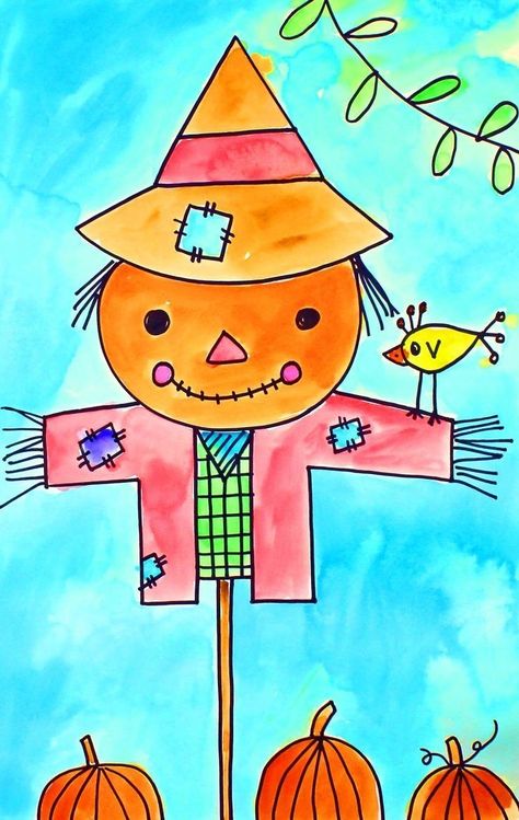 Scarecrow Drawing, Easy Art For Kids, Fall Art Projects, Drawing Activities, Easy Drawings For Kids, Video Art, Art Lessons Elementary, Cute Easy Drawings