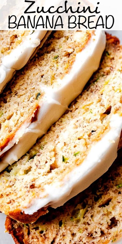 This moist and tender Zucchini Banana Bread is drizzled with a creamy vanilla icing for a sweet and wholesome snack or dessert! You won't find a more flavorful zucchini bread recipe. #zucchinibananabread #zucchinibread #bananabread Zucchini Banana Bread Recipes, Moist Zucchini Bread, Banana Zucchini, Zucchini Recipes Dessert, Zucchini Banana, Zucchini Banana Bread, Easy Zucchini Recipes, Banana Bread Recipe Healthy, Zucchini Bread Recipe