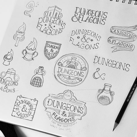 Dungeons & Flagons Logo Design Process 1/3 🎲 . Just a few sketched ideas I had back when I started working on the Dungeons & Flagons logo design. I just had to share this one again. Love the amount of detail that went into this design. Also, creating anything for DnD is always fun. . . . #logo #logos #logodesign #logodesigner #logomaker #graphicdesign #branding #dungeonsanddragons #dnd #tabletop #tabletopgames #brandidentity #logoinspo #logodesigns #logotype #logoprocess #logodesignprocess #... Dnd Logo Design, Dnd Graphic Design, Dnd Logo, Fun Logo, Logo Process, Branding Illustration, Logo Design Process, Logo Idea, Advertising Design