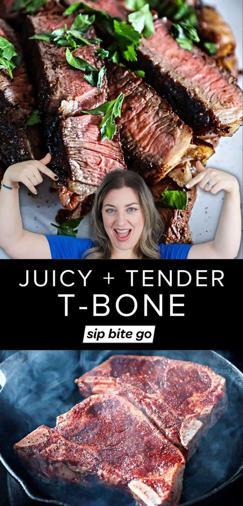 See the best way to make juicy T-Bone Steak Dinners! Learn how to cook t bone steak in oven with this recipe for beginners. Includes how long to cook it, a temperature guide, and more. | sipbitego.com T Bone Steak On Stovetop, Broiled T Bone Steak, Best Way To Cook Tbone Steak On Stove, Cook Tbone Steak On The Stove, Pan Seared T Bone Steak Recipe, Beef Tbone Steak Recipes, Cooking A T Bone Steak, Tbone Steak Recipe Broiled, Best Way To Cook T Bone Steak