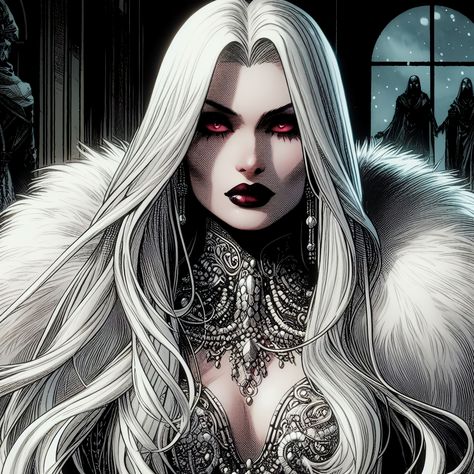 Character Design White Hair, Vampire Queen Art, Vampire Woman Art, Vampire Lady, Morgana Le Fay, Dark Beauty Fashion, Vampire Illustration, Vampire Pictures, Female Vampire