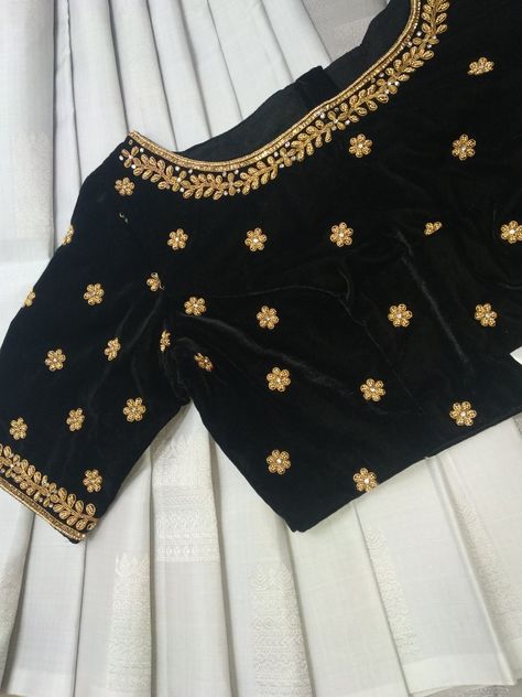 Simple Work On Velvet Blouse, Simple Velvet Blouse Work Designs, Velvet Blouse Hand Designs, Black Handwork Blouse, Black Blouse Maggam Work Designs, Velvet Blouse Patterns Saree, Velvet Blouse Embroidery Designs, Velvet Blouse Work Designs, Chickenkari Lehenga