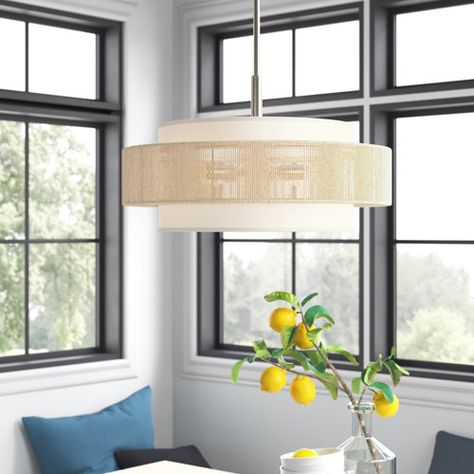 Bay Isle Home Tamil 4 - Light Shaded Geometric Chandelier | Wayfair Large Drum Lights, Chandeliers With Shades, White Kitchen Chandelier, Linear Dining Chandelier, Drum Chandelier Dining Room, Dining Room Table Light Fixture, Kitchen Island Lighting Ideas, Pilates Studios, Dining Table Chandelier