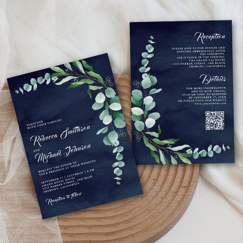 $3.08 | Eucalyptus Branch Navy Blue QR Code Wedding - greenery watercolor leaf foliage wedding, all in one, spring summer leaves, botanical nature garden, online rsvp website details, modern elegant fancy trendy unique, outdoor bohemian plants boho, airy leafy sage rustic, green and blue Navy Blue And Sage Green Wedding Decorations, Navy And Sage Green Wedding, Navy Blue And Sage Green Wedding, Bohemian Plants, Navy Blue Wedding Cakes, Blue Silver Weddings, Green Wedding Decorations, Rsvp Website, Teal Wedding Invitations