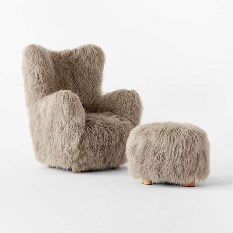 Bozzi Taupe Mongolian Sheepskin Chair and Ottoman Set by Ross Cassidy + Reviews | CB2 Arm Chair With Ottoman, Shearling Chair, Sheepskin Chair, Velvet Lounge Chair, Chair With Ottoman, Modern Ottoman, Tufted Chair, Chair And Ottoman Set, Modern Accent Chair