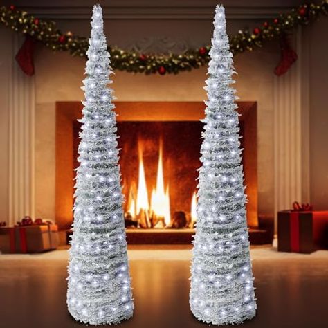 Fireplace Indoor Outdoor, Collapsible Christmas Tree, Pop Up Christmas Tree, Coastal Tree, Fireplace Indoor, Xmas Fireplace, White Tinsel, Pencil Tree, Christmas Tree Light