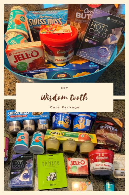 We just finished making a wisdom teeth care package for my daughter's boyfriend.  It was super easy to make this get well basket.  We just grabbed the bucket at the Dollar Tree and filled it with snacks and items perfect for wisdom teeth recovery. Wisdom Teeth Gift Basket, Care Package For Wisdom Teeth Removal, Wisdom Teeth Basket Care Packages, Wisdom Tooth Care Package, Wisdom Teeth Recovery Basket, Wisdom Teeth Food Meals, Surgery Gift Basket Recovery, Post Wisdom Teeth Food, Preppy Baskets