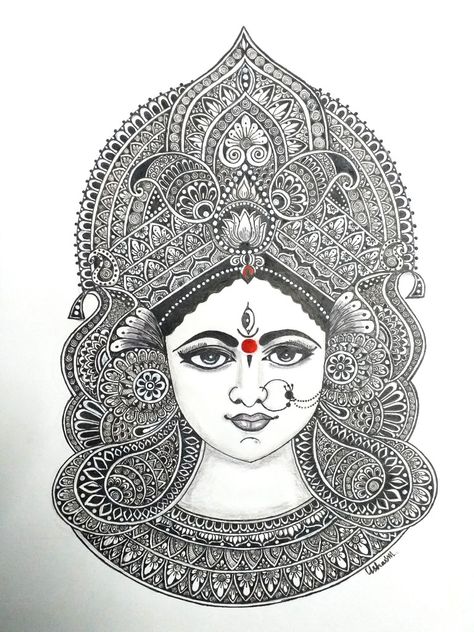 Goddess Durga mandala art Mandala God Art, Devi Mukut Design, Mandela Art Durga Maa, Dusshera Mandala Art, Aesthetic Zentangle Art, Mandala Durga Maa, Mandala Art Durga Maa, Khatu Shyam Mandala Art, Durga Devi Mandala Art