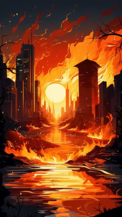 Apartment building fire in the city royalty free stock image City Burning Drawing, City On Fire Illustration, Buildings On Fire Drawing, Burning City Drawing, City On Fire Art, City On Fire Drawing, Building On Fire Drawing, Burning Building Drawing, Fire Illustration Art