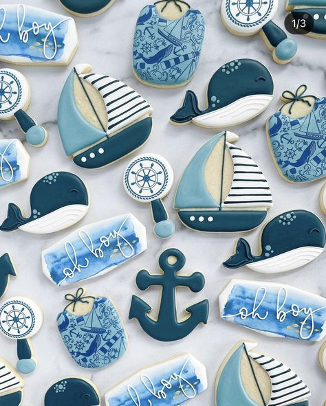 Nautical Birthday Cookies, Nautical Theme Cookies, Ahoy It’s A Boy Cookies, Nautical Boy Baby Shower Ideas, Nautical Baby Shower Cookies, Beach Baby Shower Cookies, Nautical Cookies Decorated, Under The Sea Baby Shower Ideas For Boys, Ahoy Its A Boy Baby Shower Ideas