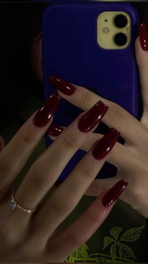 Solid Red Nails Acrylic, Deep Red Nails French Tip, Wine Color Nail Ideas, Plain Dark Red Nails, Dark Cherry Red Nails Design Square, Cherry Red Square Nails, Cherry Red Nails Square, Dark Red Square Acrylic Nails, Dark Red Nails Coffin