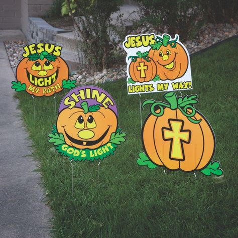 Decorate for Halloween while still glorifying God with these cute yard stakes. These Christian Halloween decorations feature uplifting images and messages on smiling jack-o-lanterns. Place these in your front yard to let your neighbors know what your house is all about. These also work great placed outside of buildings hosting harvest festival parties and make it easier to spot the event. Each with two 22" metal stakes. Corrugated plastic. (4 pcs. per set) 18 1/2" - 20" x 17" - 21" Simple assemb Christian Halloween Crafts, Christian Pumpkin, Uplifting Images, Halloween Alternatives, Fall Festival Games, Christian Halloween, Decorate For Halloween, Fall Carnival, Carnival Decorations