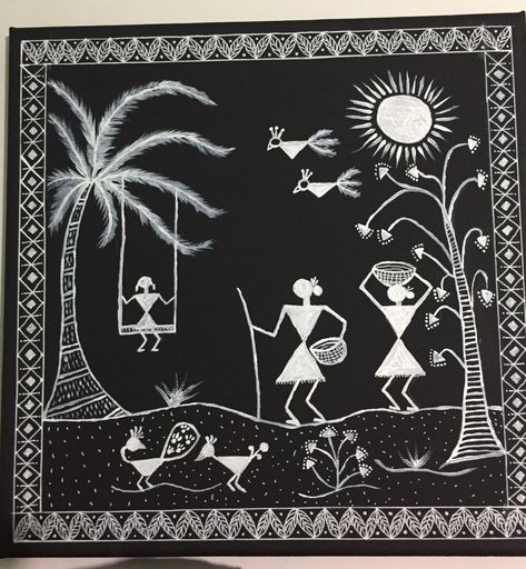 Warli Art Designs On Wall, Warli Art On A3 Sheet, Warli Art Designs On Paper, Warli Border Design, Warli Paintings On Canvas, Varali Art, Warli Painting Ideas On Paper, Potrate Painting, Verli Art