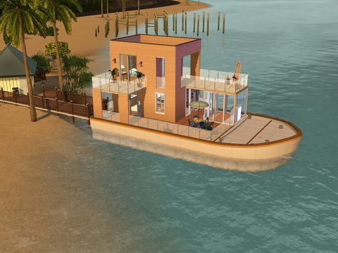 Sims 4 Boat House, Sims 4 House Boat, Sims Freeplay Boat House Ideas, Sims 4 Cruise Ship, Sims 3 Beach House, Sims Freeplay Beach House, Sims Freeplay Houses, Sims 4 House Design, Pirate Ship