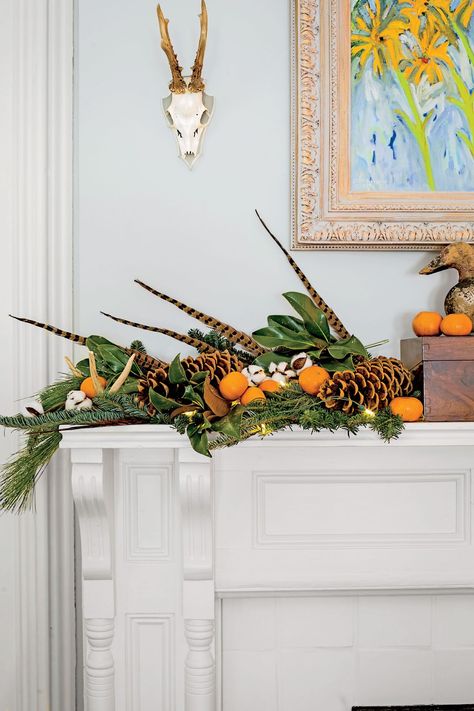 Bright Satsumas Pheasant Feather Decor, Natural Holiday Decor, Holiday Mantel, Holiday Greenery, Christmas Fireplace Decor, Country Christmas Decorations, Feather Decor, Christmas Mantel Decorations, Miniature Christmas Trees