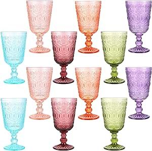 Wine Glasses Set of 12 Vintage Goblet 9 oz Vintage Colored Glass Goblet Beverage Stemmed Glass Cups Romantic Embossed Glassware for Wedding Party Holidays Anniversary (Multi Colors) Colored Wine Glasses, Sweet 17, Vintage Goblets, Vintage Wine Glasses, Theme Color, Glass Cups, Wildflower Wedding, Valentines Day Weddings, Vow Renewal