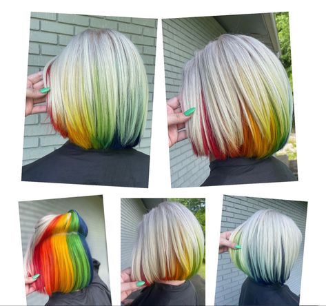 Rainbow Peak A Boo Highlights, Blonde With Rainbow Peekaboo, Peekaboo Rainbow Hair, Rainbow Hair Underneath, Rainbow Peekaboo Hair, Rainbow Underneath Hair, Rainbow Peekaboo, Short Rainbow Hair, Side Braids For Long Hair