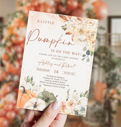 A Little Pumpkin Is On The Way Invite, Fall Baby Shower Color Scheme, Little Pumpkin Is On The Way, A Pumpkin Is On The Way, Boy Baby Shower Ideas Fall, My Little Pumpkin Baby Shower Ideas, Fall Themed Baby Shower Ideas For Girl, Boho Fall Baby Shower Ideas, Hello Pumpkin Baby Shower Ideas