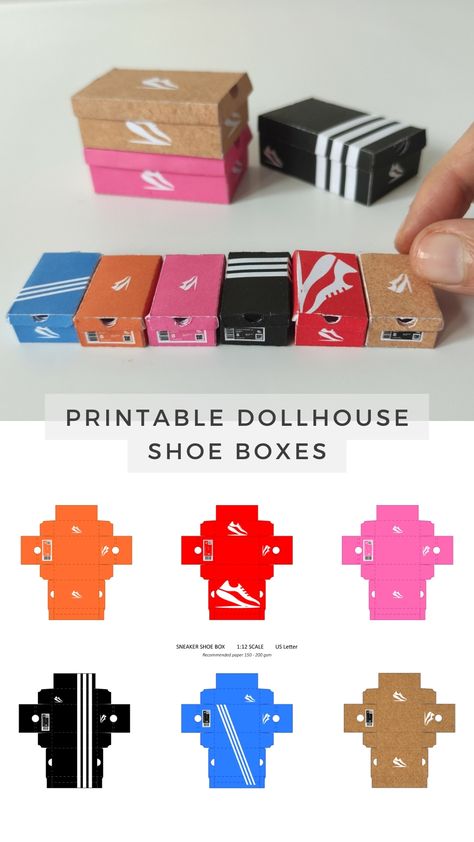 1/12 scale printable shoes boxes for dollhouses and dioramas Mini Shoe Box Template, Dollhouse Paper Printables, Miniature Printables Furniture, Miniature Boxes Printable, Barbie Paper Craft, Barbie Box Printable, Free Miniature Printables 1:12 Books, Dollhouse Printables 1:12, Free Dollhouse Printables 1:12