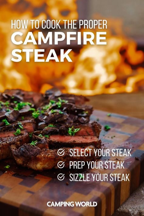 Cooking Steak Over Campfire, Camping Steak Dinner, Campfire Steaks, Campfire Steak, Camping Steak, Cowboy Grill, Campfire Meals, Pit Cooking, How To Make Steak