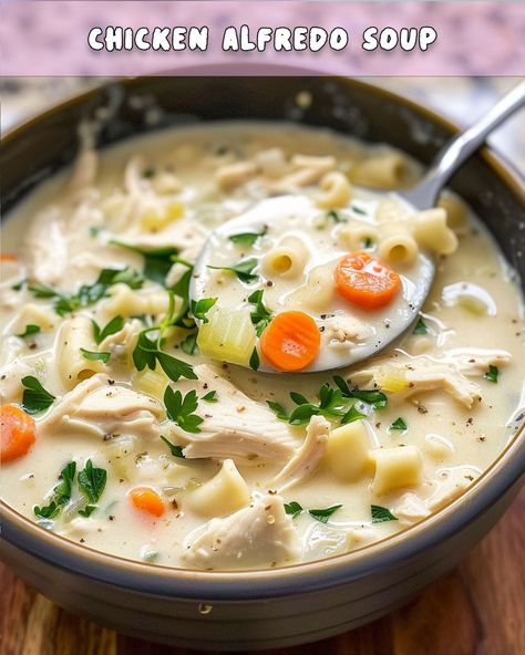 Creamy Chicken Alfredo Soup: A Comforting Twist on a Classic Chicken Alfredo Soup, Alfredo Soup, Red Skin Potato Salad, Creamy Chicken Alfredo, Pancit Recipe, Taco Pasta Salad, Flavorful Vegetables, Garlic Mushrooms, Sauteed Vegetables