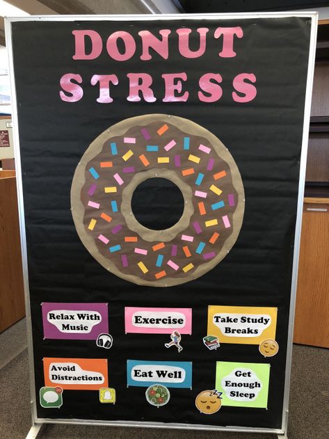 "Donut" stress bulletin board for finals week at a high school library! I got the idea from another Pin and adapted it to our needs. #healtheducation #health #education #high #school High School Social Studies Classroom, School Counselor Bulletin Boards, Counselor Bulletin Boards, Counseling Bulletin Boards, Nurse Bulletin Board, Health Bulletin Boards, High School Bulletin Boards, Elementary Bulletin Boards, College Bulletin Boards