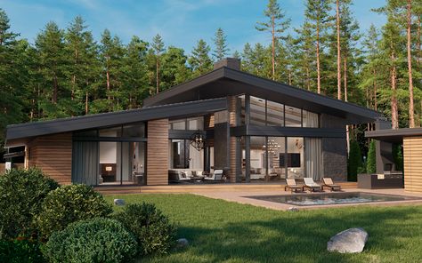 House in the woods on Behance Japandi House, House Design Exterior, Architecture Model House, Minimal House Design, Countryside House, Ranch Style Homes, House Front Design, Modern Architecture House, Roof Design