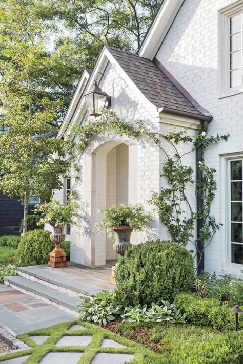 White Painted Brick Exterior, Painted Brick Exteriors, Life On Virginia Street, Painted Brick House, Small Front Yard Landscaping, Small Front Yard, Brick Exterior House, Green Backdrops, White Brick