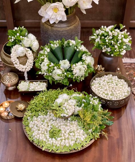 Coconut Flower Decoration, Thai Flower Decoration, Jasmine Flower Arrangement, Thai Wedding Decor, South Indian Decor, Leaf Decor Wedding, House Warming Decor, Hosting Decor, Ganesh Decoration