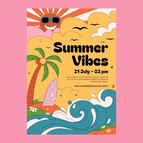 Premium Vector | Flat design 70s style poster template Kids Poster Design, Summer Poster Design, Festival Ads, Event Poster Inspiration, Flat Design Poster, Flyer Design Ideas, Summer Template, Event Poster Template, Graphisme Design