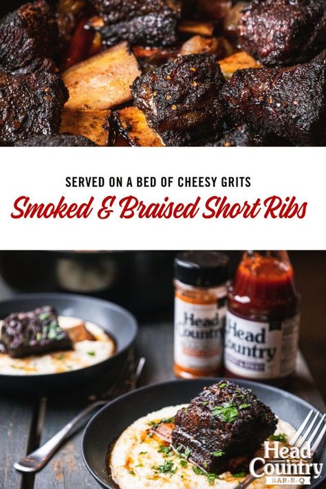 Head Country's smoked and braised short ribs with grits will be one of your favorite cold-weather dinner recipes. Our family weekend dinners are delicious and memorable. Make this or one of our other tasty slow-cooked meat recipes this weekend. Short Ribs And Grits, Cold Weather Dinner Recipes, Cold Weather Dinner, Recipes For Bbq, Country Bbq, Sauces Recipes, Cheesy Grits, Slow Cooked Meat, Bbq Sauces