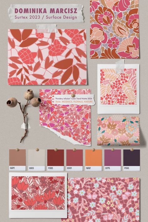 Surface Print Design, Textile Color Palette, Prints 2024 Trend, Textile Print Trends 2024, Textile Trends 2024, Surface Pattern Collection, Textile Patterns Design Fashion Texture, Print Trends 2024, Fabric Color Palette