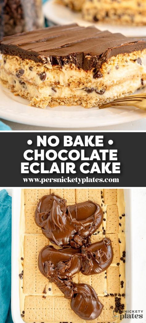 This no-bake Chocolate Eclair Dessert has layers of graham crackers, peanut butter pudding, a sprinkling of mini chocolate chips, and a chocolate peanut butter frosting. It's a chocolate + peanut butter lovers dream. No Bake Peanut Butter Eclair Cake, Chocolate Eclair Cake No Bake, No Bake Chocolate Eclair Dessert, No Bake Chocolate Peanut Butter Eclair Cake, Chocolate Eclair Refrigerator Cake, Chocolate Eclair Dessert, Chocolate Peanut Butter Frosting, Eclairs Dessert, Chocolate Chip Frosting