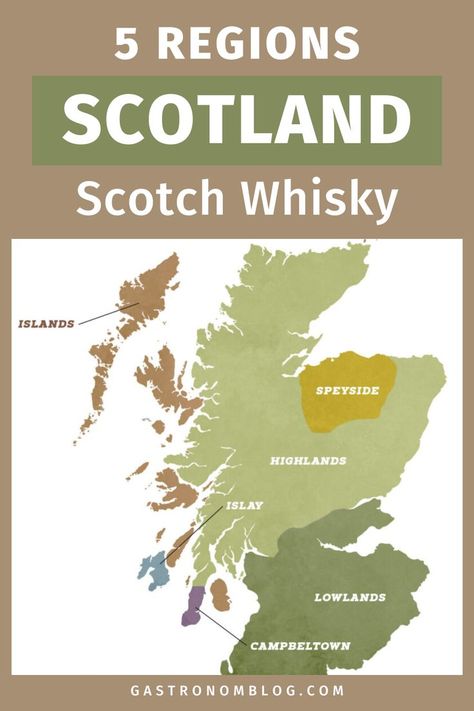 Map of the 5 Scotch whiskey regions Cigars And Whiskey, Scotch Whisky, Beginners Guide, Scotch, Bourbon, Whiskey, Scotland