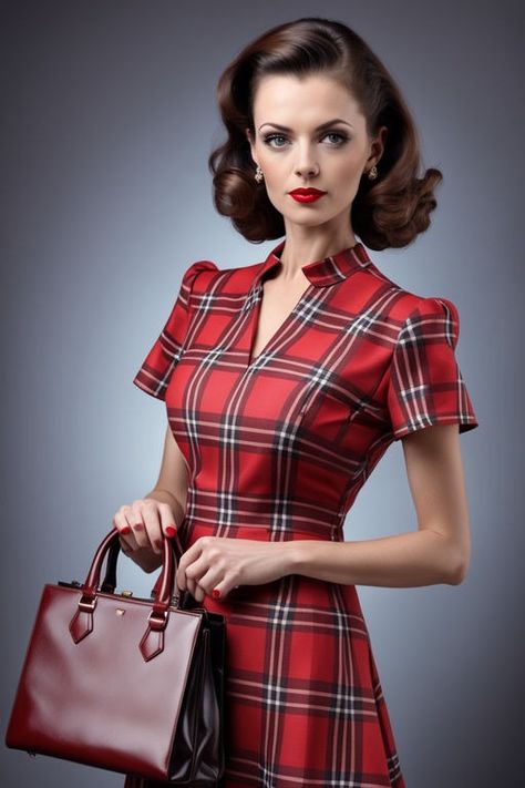 Distinguished woman in red checkered dress and handbag by Caro - Playground Red Checkered Dress, Woman In Red, Red Checkered, Checkered Dress, Create Art, Image Generator, Dress Outfit, Social Media Posts, Dress Outfits