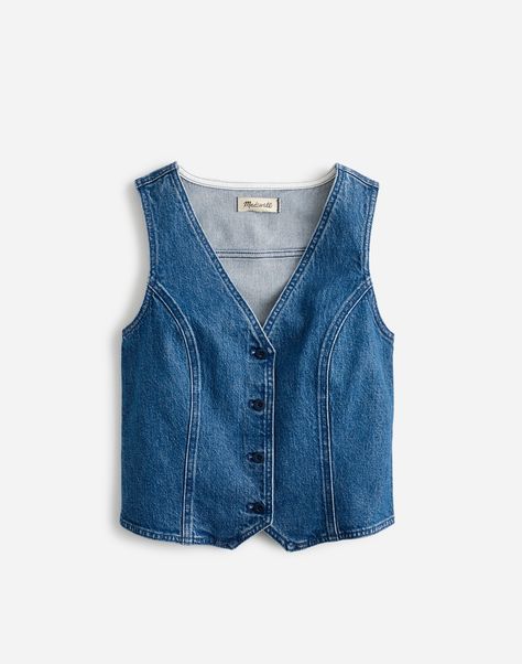 Denim Fitted Vest in Medium Indigo Wash Created Colorful, Fitted Vest, Denim Cap, Old Outfits, Capsule Wardrobe Essentials, Every Color, Denim Details, Casual Denim, Denim Vest