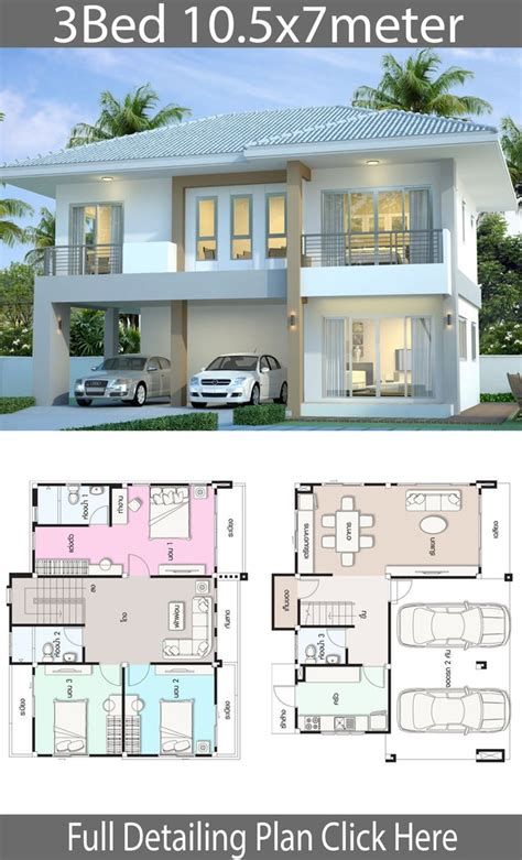 3 Bedrooms Home Design Plan 10x12m - SamPhoas Plan Dröm Hus Planer, Villa Tugendhat, Double Storey House Plans, Two Story House Design, Double Storey House, Unique House Plans, Modern House Floor Plans, 2 Storey House Design, House Plans Mansion