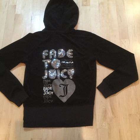 Brand New With Tags! Juicy Couture Black Zip Up Hoodie With ‘Fade To Juicy’ Sequins And Sparkle Detailing On Back In Silver No Trades Smoke Free And Pet Free Home Juicy Couture Clothes, Couture Clothes, Black Zip Up Hoodie, Juicy Couture Black, Couture Tops, Hoodie Outfit, Black Zip Ups, Dream Clothes, Zip Up Hoodie