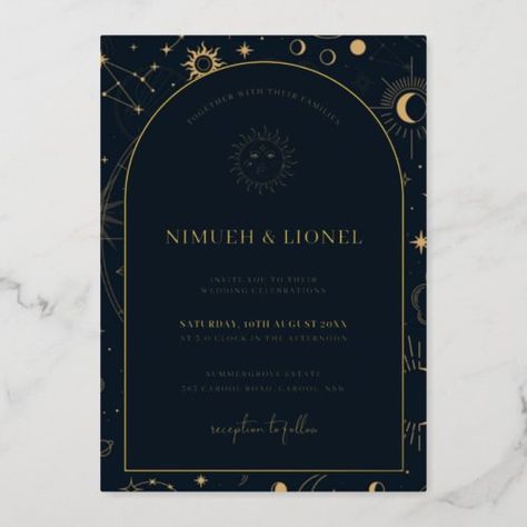 $3.95 | Celestial Mystical Elements Starsigns Wedding Foil | Wedding Invitations | foil invitation, celestial sun moon stars, galaxy universe, tarot sign star, mystical mystic elements, midnight sky navy, under the stars, written in the stars, magic celestial wedding, celestial invitation Wedding Celestial, Celestial Wedding Invitations, Mystical Elements, Celestial Elements, Black And White Wedding Invitations, Celestial Wedding, Wedding Anniversary Invitations, Foil Wedding Invitations, Foil Invitations