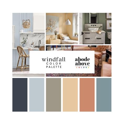 Windfall - Home Color Palette | Sherwin Williams 2024 Whole House Color Scheme | Interior Paint Design | Blue, Navy, Gray, Yellow, Orange Blue Gold Gray Color Palette, Blue Orange Gray Color Palette, Whole House Color Palette Hale Navy, Pale Gray +blue+ Terracotta Palette, Warm Blue Gray Paint Colors Behr, House Color Schemes Interior, Sherwin Williams Color Palette, Rooftop Patio, Design Palette