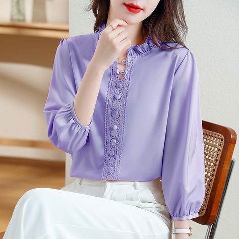 Patchwork Shirts Women, Formal Tops For Women, Stylish Outfits Casual, Feminine Shirts, New Style Tops, Ruffle Collar Blouse, Women Blouses Fashion, Patchwork Shirt, Fashion Tops Blouse