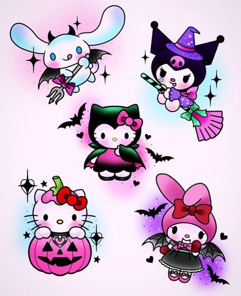 Spooky Kawaii Tattoo, Spooky Hello Kitty Tattoo, Spooky Sanrio Nails, Sanrio Halloween Tattoo, Hello Kitty Halloween Tattoo, Halloween Hello Kitty Tattoo, Kawaii Halloween Tattoo, Halloween Graphic Design Illustration, Hello Kitty Flash Tattoo