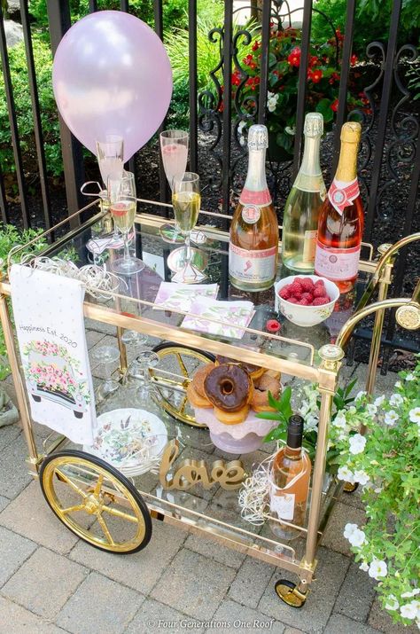 Bar Cart Bridal Shower on a budget + How to make a champagne station on a bar cart Backyard Bridal Shower Ideas, Champagne Station, Theme Bridal Shower Ideas, Fun Easter Decorations, Backyard Bridal Showers, Snack Station, Bridal Shower Wine, Easter Decorating, Bar Cart Styling