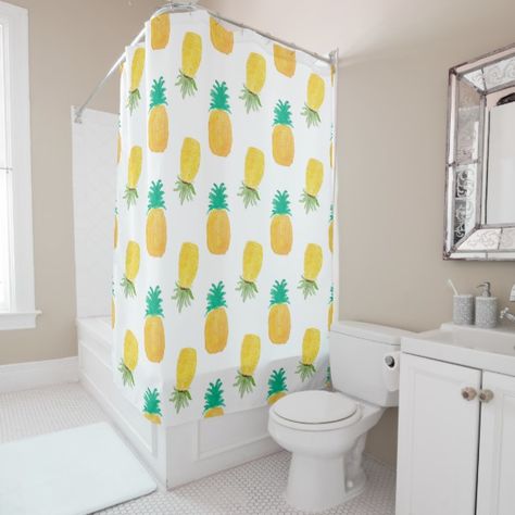 Tropical Hawaiian Watercolor Pineapple Patterned Shower Curtain Watercolor Shower Curtain, Bathroom Accessories Design, Diy Shower Curtain, Abstract Shower Curtain, Custom Shower Curtains, Pineapple Pattern, Custom Shower, Patterned Shower Curtain, Fruit Design