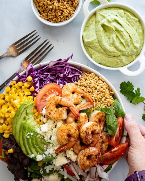 Shrimp Buddha Bowl, Buda Bowl, Healthy Buddha Bowl, Creamy Avocado Dressing, Creamy Avocado Sauce, Sprouted Grains, Avocado Dressing, Avocado Sauce, Big Salad