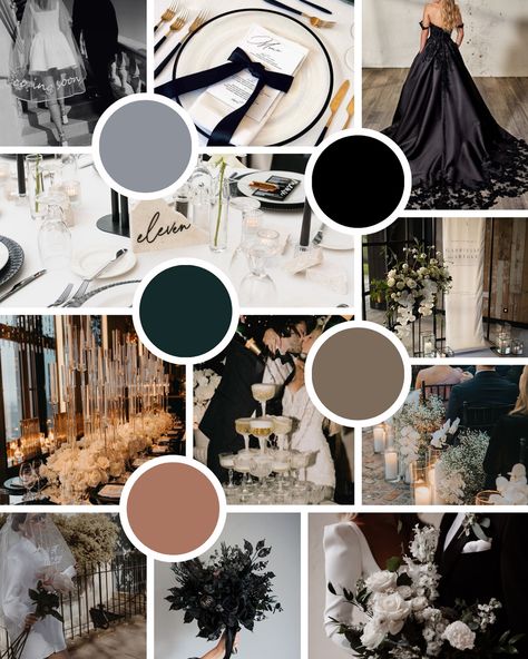 Wedding Color Combos Black, Dark Grey Wedding Theme, Black Wedding Scheme, Black Tie Wedding Color Schemes, Wedding Color Scheme Black, Wedding Color Schemes With Black, Black Wedding Theme Color Combos, Grey Wedding Theme, Wedding Theme Color Schemes