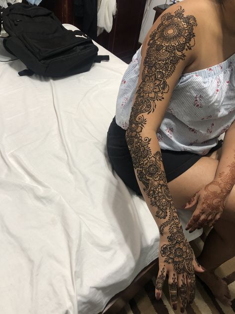 Full Sleeve Henna Tattoo, Whole Arm Henna, Henna Sleeve Designs, Henna Designs Arm Sleeve, Henna Arm Sleeve, Henna Sleeve Tattoos For Women, Full Sleeve Henna, Arm Henna Tattoo, Full Arm Henna