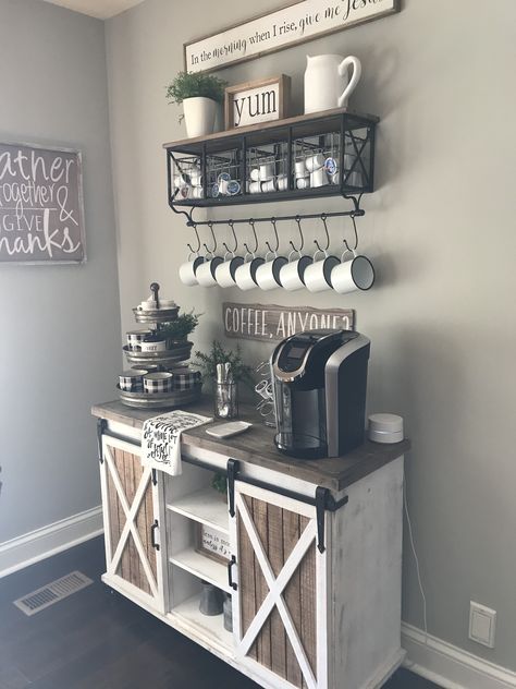 Coffee Bar Inspiration Farmhouse, Farmhouse Coffee Nook, Farmhouse Coffee Station Ideas, Coffee Bar Ideas Farmhouse, Coffee Wine Bar Ideas, Diy Coffee Bar Station, Coffee Bar Station Small Spaces, Small Coffee Station Ideas, Mini Coffee Bar Small Spaces