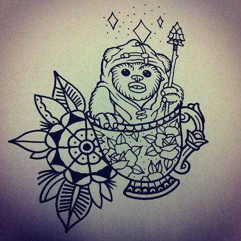 On deck for today! Super stoked to do this one!! #starwars #ewok #teacup #tattoo #tattoos #traditional #traditionaltattoo #nerd #yubnub #awesomeday Ewok Drawing, Ewok Tattoo, Body Markings, Tea Tattoo, Teacup Tattoo, Tattoo Linework, Tattoos Traditional, Star Wars Tattoo, Line Work Tattoo