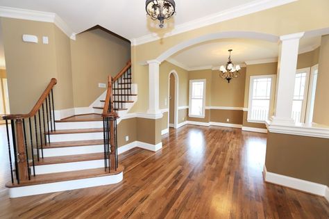 Love the two tone paint and the wood floors. Beautiful Tile Floor, Small House Floor Plans, Interior Paint Colors, Hardwood Flooring, Small House Plans, Style At Home, House Flooring, Small House Design, Floor Design